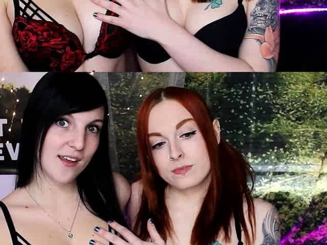 Redhead and brunette lesbians make out