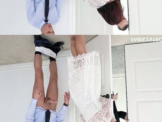 Slutty brunette Ryder Skye lifts her skirt up and gets her pussy slammed