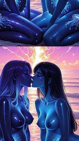 Lustrender: East African Pregnant Beach Nose Kiss Jellyfish Glow - Ai Video