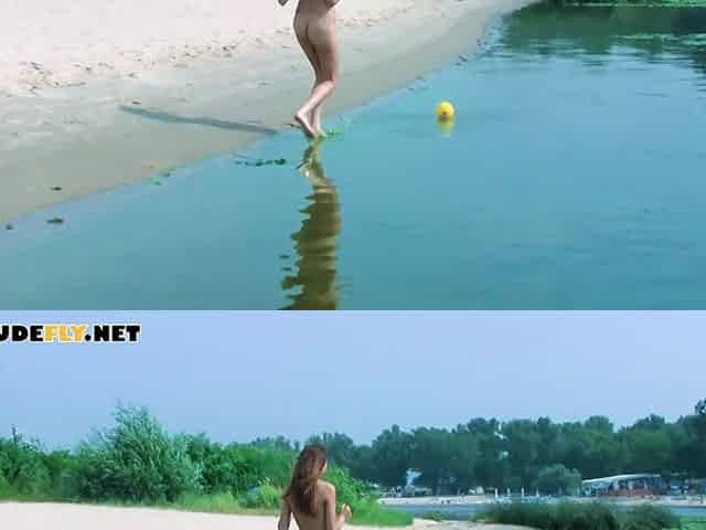 Nude beach teens playing volleyball