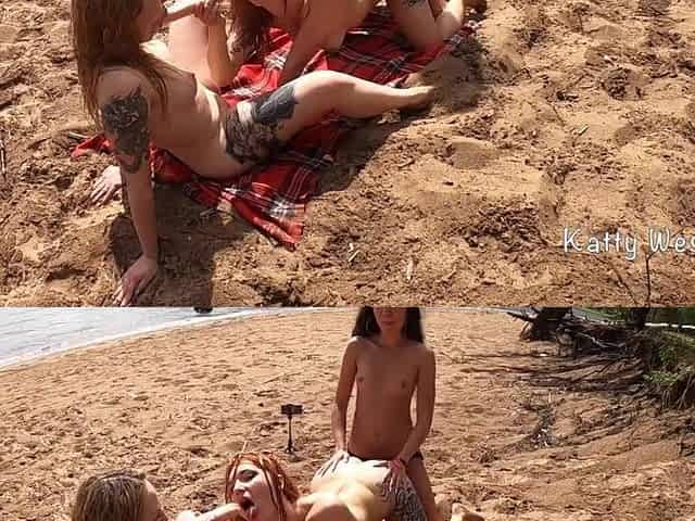 3 lesbian babes ding-dong screwing on a public beach