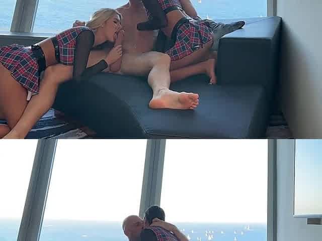 Two horny girles with nice curves join for a wild threesome fuck
