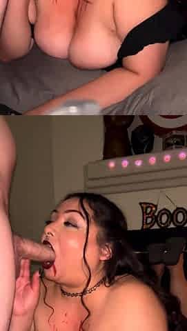 Sexy vampire gives soles pose blowjob