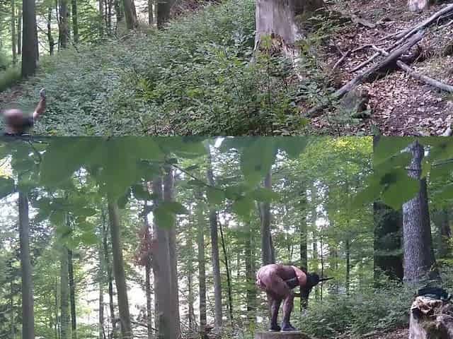 I masturbate and stick a dildo in my pussy while standing on a wooden stump