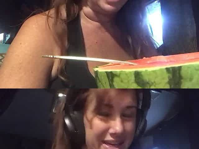 Breasty cougar enjoys quarantine squirt eating melon mukbang vegetable cucumber food insertion