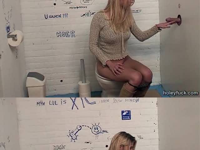 Salacious sex bomb sucks a big cock through glory hole then rides it doggy style