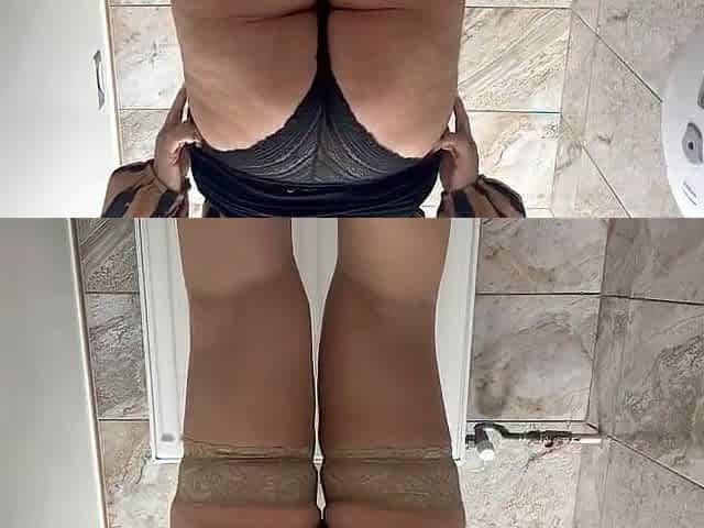 Horny Wife in Short Skirt Takes off Her Panties and Starts Rubbing Her Pussy in a Public Toilet