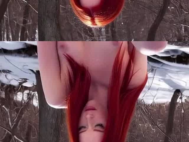 A red-haired gal pushed a massive icicle into herself in a winter forest. Ice in the snatch. Re-download. (AI).
