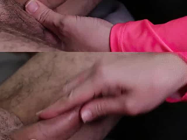 She gives me a handjob, then licks the cum from her fingers!