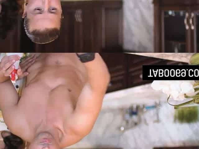 Breasty stepmother bangs with her stepson in the kitchen during the time that her bestie watches