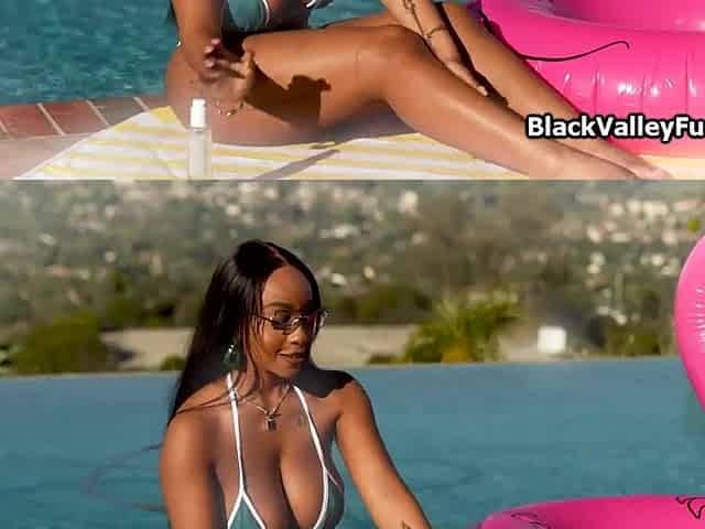 Large tit Lily plays with the pool lads large dick