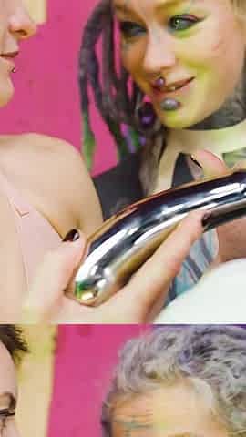 Two Hot Girls in Latex and High Heels Using Big Metal Toy Together, Atp, Anal Gapes, Lesbian