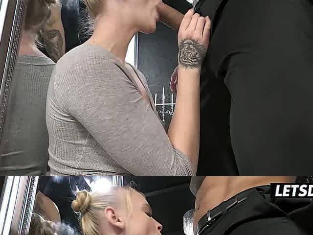 Tattooed Golden-haired in White Nylons Screwed Standing, Then Doggy on the Wall