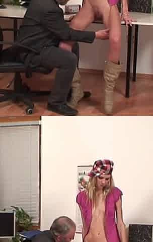 Skinny blonde secretary pussy licked and fucked
