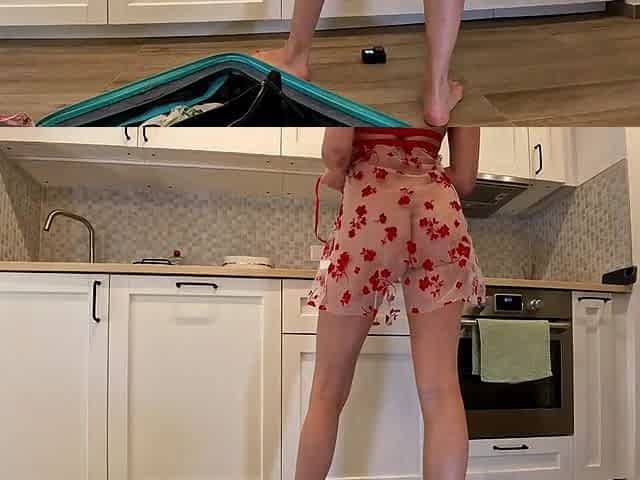 Super hawt hotty in no pants in a fully watch throughout transparent suit in the kitchen to flash vagina