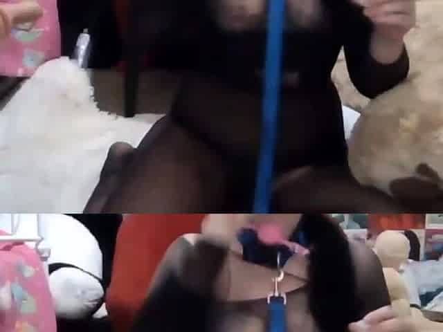 Small titted brunette Sharron with glasses masturbates