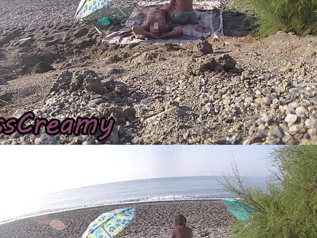 Exhibitionist Wife Outdoor Amateur MILF Blowjob & Handjob Big Cock on Nudity Beach in Front of Follower with Cum