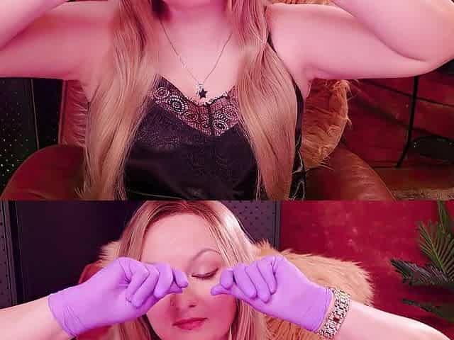 ASMR: purple nurse gloves and gold glitter see.