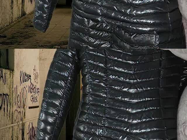 Cuming on Girlfriend's Shiny Ebony G.W. Down Jacket