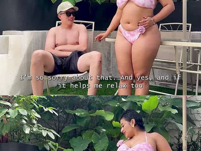 Curvy Girl Slut Is Unfaithful to Her Boyfriend with a Stranger with a Big Cock in the Courtyard of a Resort