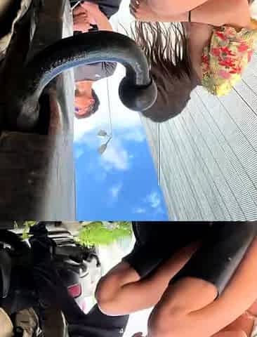 Busty MILF in Red Boots Sucks Truck Pipe in Public