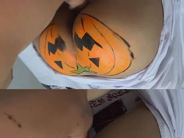 3 stepbrothers smash the pumpkin of their large-bottomed stepsister on Halloween