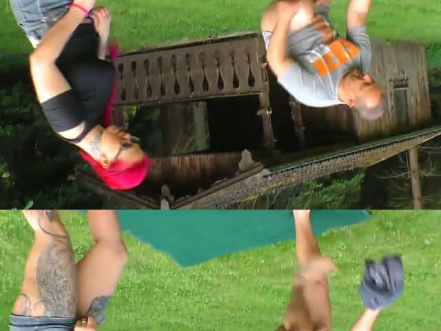 Tattooed bright slut with pink hair gives dude a titfuck right on the green lawn