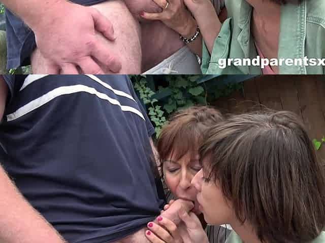 Outdoors amateur video with an older couple and a younger neighbor