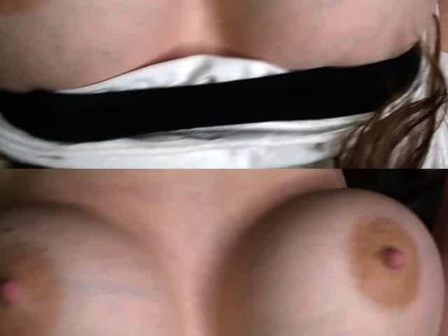 Busty curly brunette with big boobs fucks on couch