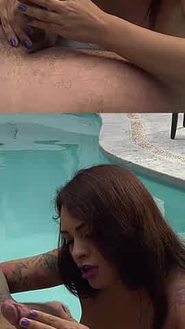 Super Busty Brunette Jerking a Big Dick at the Pool Party