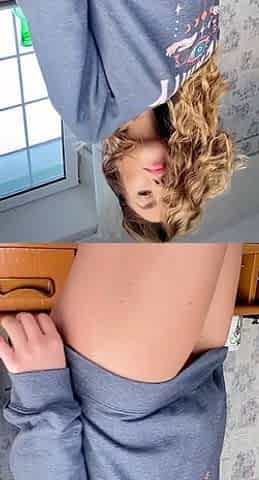 Busty curly brunette with big boobs fucks on couch