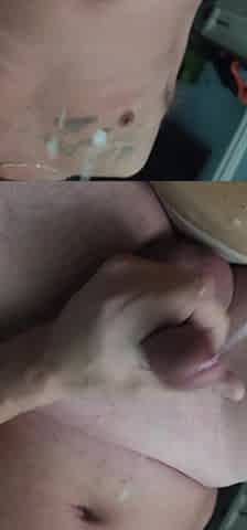 Slow motion POV of spunk fountain during the time that riding wife's belt-on