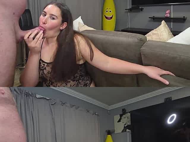 Top and side view of big beautiful woman drilled on a chair, spunk fountain on snatch.