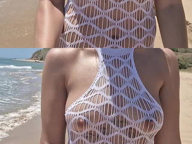 I'm Walking on the Beach in a Dress with Holes, I'm Flashing My Tits, Nipples and Pussy