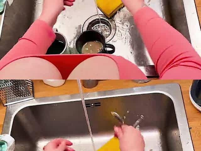 Blond cleaning lady in leggings takes in her!