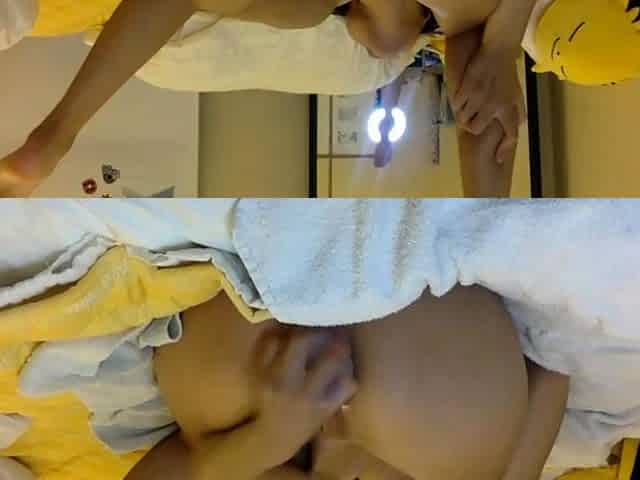 Japanese teen spreads legs for toys and cock