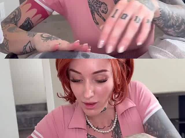 Sexy Inked Busty Redhead MILF Takes Care Of Her Stepson's Massive BWC While On Phone With Her Hubby