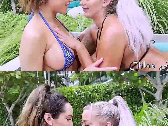 Breasty Blond Aussie Hayley Davies Screws Chloe Amour with Large Thong-On