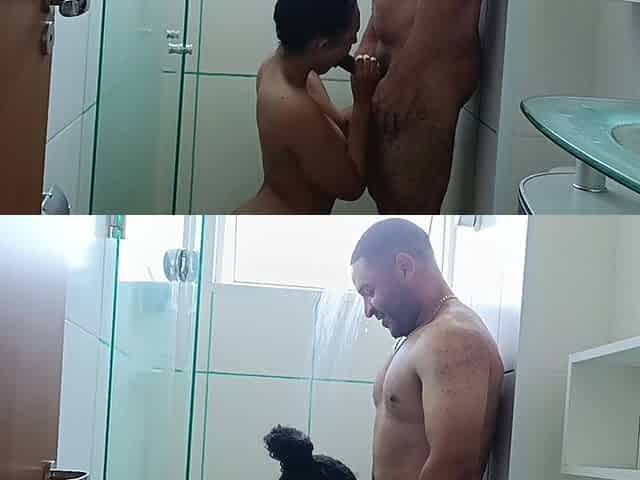 Shower Sex Ends in Several Spectacular Ejaculations in the Brunette's Mouth