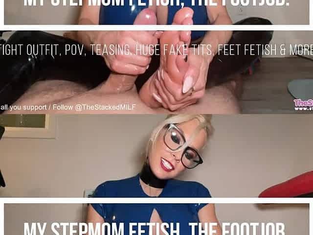 Step-mamma use her feet for a footjob, large jizz flow on toes!