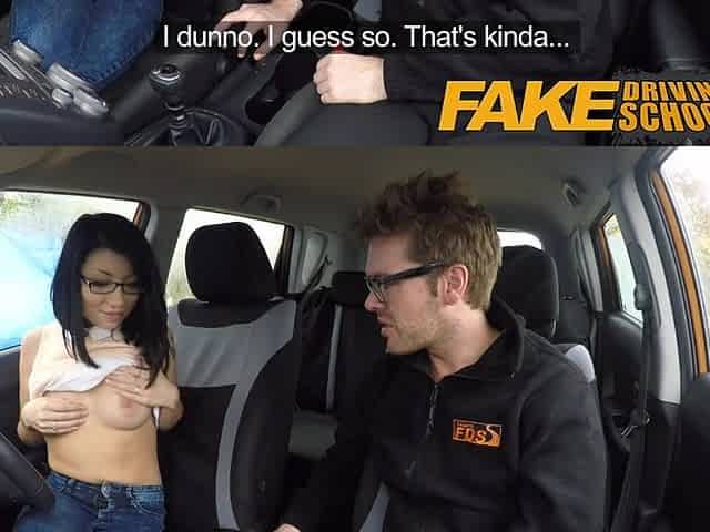 Fake Driving School half Oriental petite student bangs for free lessons