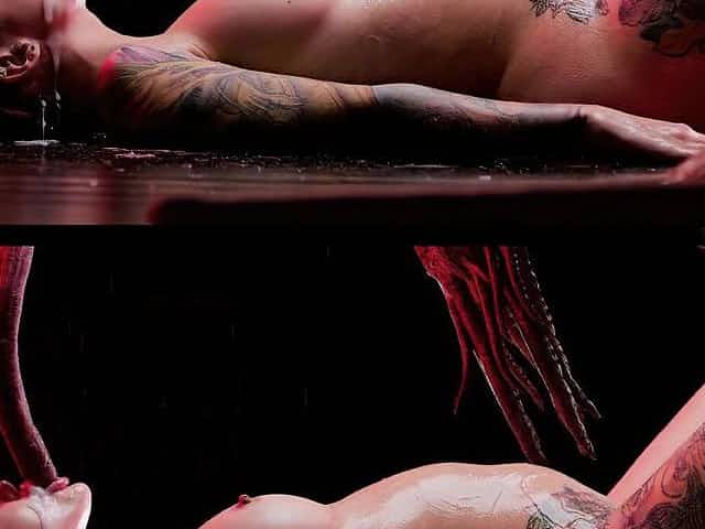 CUMFLATION! Purple whore got her stomach full of cum