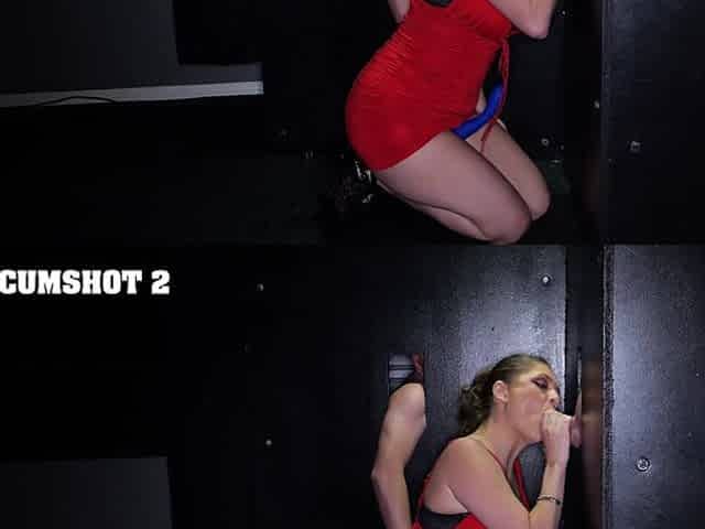 Rebel Lynn's big fake tits bounce while getting fucked through a glory hole.