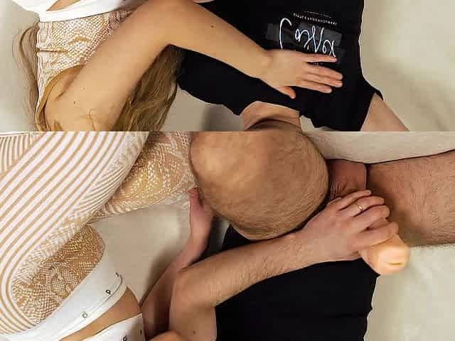 A cutie in a tracksuit caught her spouse with a masturbator and decided to aid him finish.