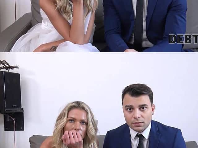 DEBT4k. Debt collector fucks the bride in white dress and stockings