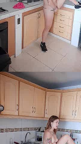 Latin babe worker giving herself tons of lesbo joy in her boss's kitchen