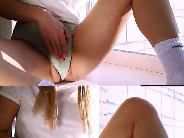 Blonde Russian Babe Masturbates on Window