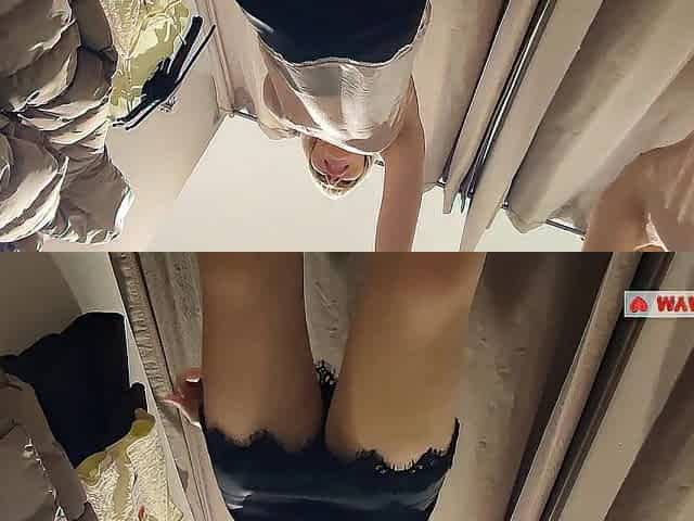 Camera in Dressing Room. Underneath petticoat view on a wet snatch. Showing off vagina in public