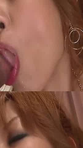 Japanese squirts while a guy pumps her hairy pussy and another one pleases her