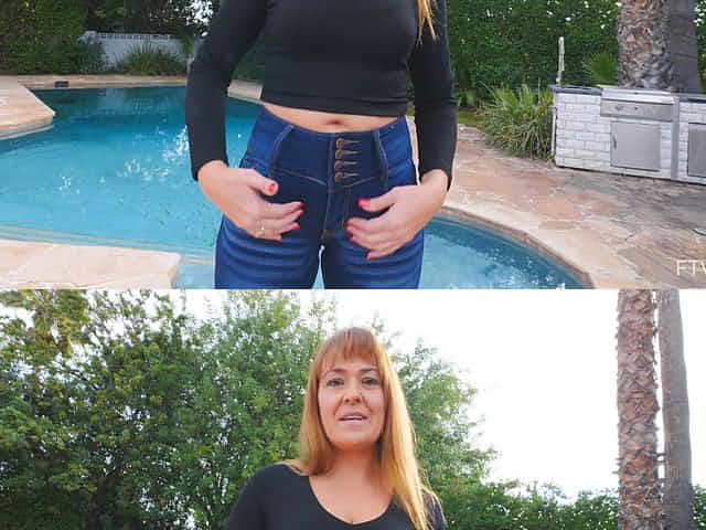 Amateur mature strips and teases with her boobs by the pool